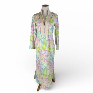 Sail to Sable Pastel Palms Print Long Sleeve Maxi Tunic Dress